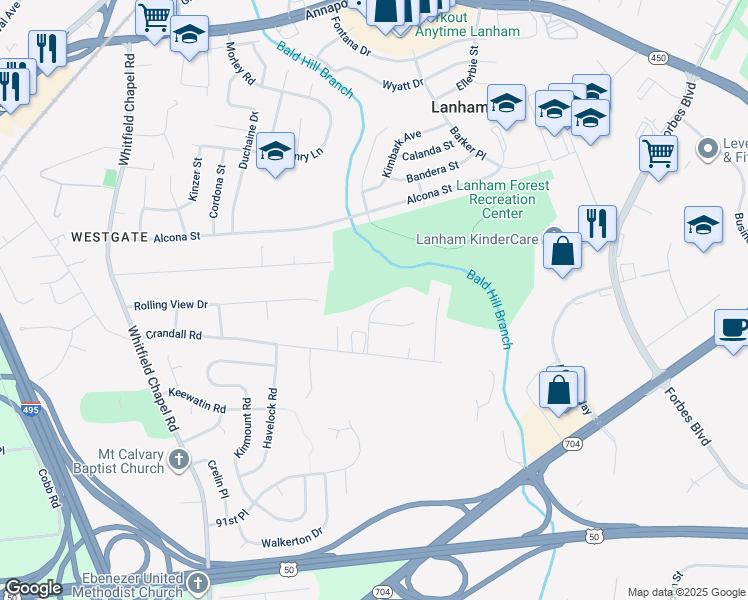 map of restaurants, bars, coffee shops, grocery stores, and more near 4704 Cooks Point Court in Lanham