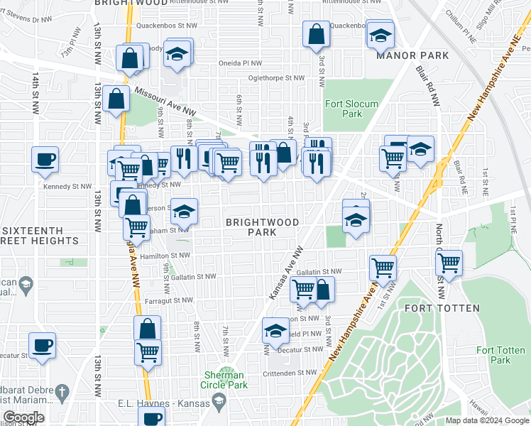 map of restaurants, bars, coffee shops, grocery stores, and more near 5325 5th Street Northwest in Washington