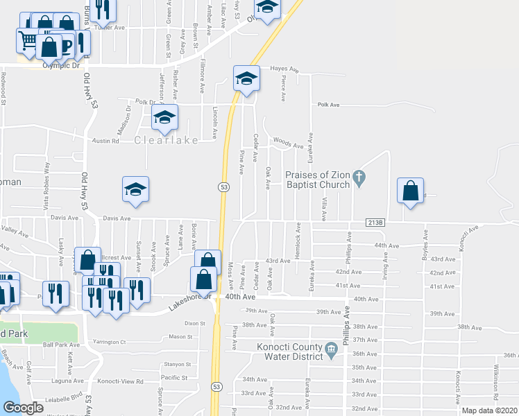 map of restaurants, bars, coffee shops, grocery stores, and more near 3946 Cedar Avenue in Clearlake