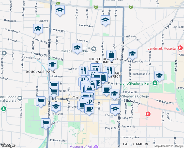 map of restaurants, bars, coffee shops, grocery stores, and more near 305 North 10th Street in Columbia