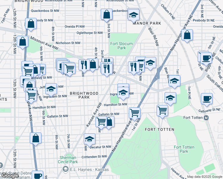 map of restaurants, bars, coffee shops, grocery stores, and more near 5317 3rd Street Northwest in Washington