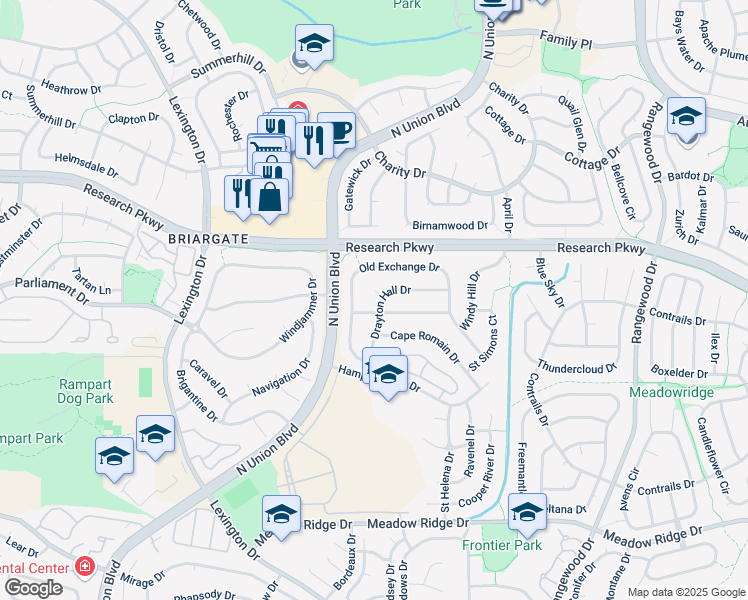 map of restaurants, bars, coffee shops, grocery stores, and more near 3375 Fort Sumter Court in Colorado Springs