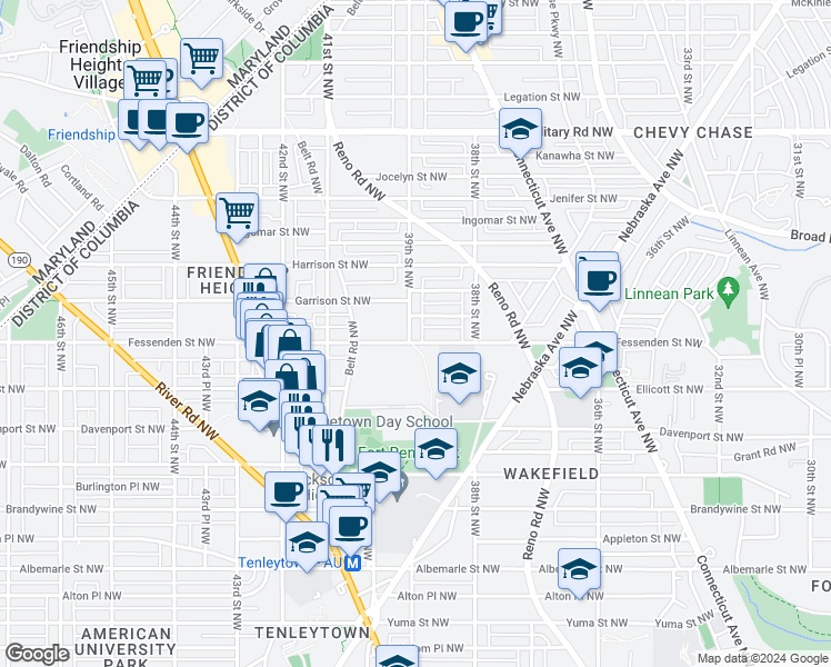map of restaurants, bars, coffee shops, grocery stores, and more near 5001 39th Street Northwest in Washington