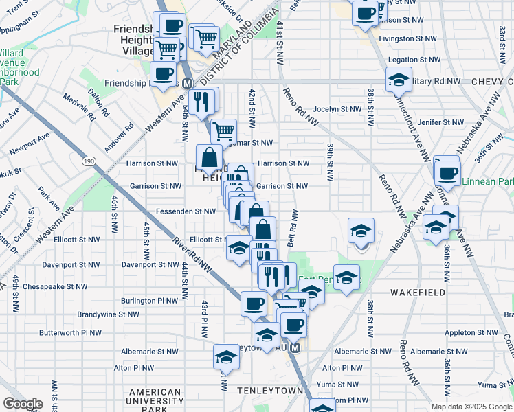 map of restaurants, bars, coffee shops, grocery stores, and more near 4125 Fessenden Street Northwest in Washington