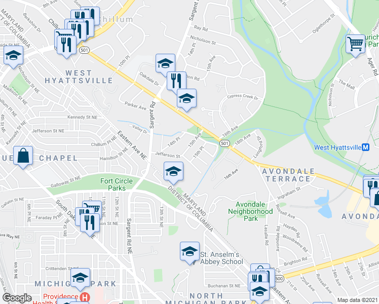map of restaurants, bars, coffee shops, grocery stores, and more near 5405 15th Avenue in Hyattsville