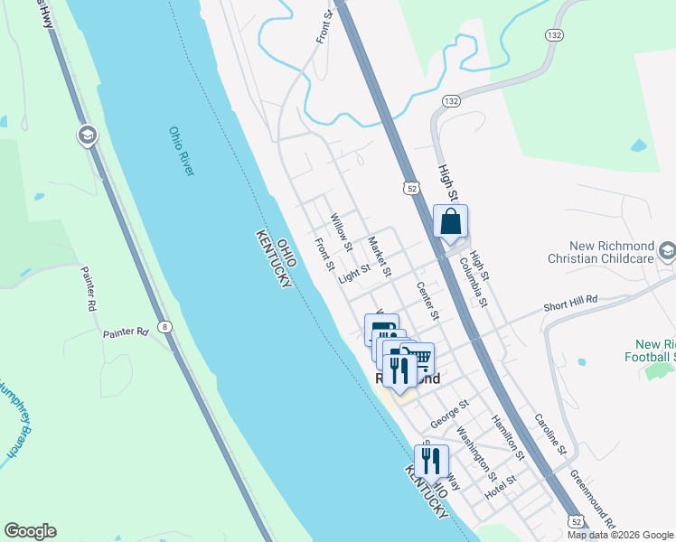 map of restaurants, bars, coffee shops, grocery stores, and more near 60 Front Street in New Richmond