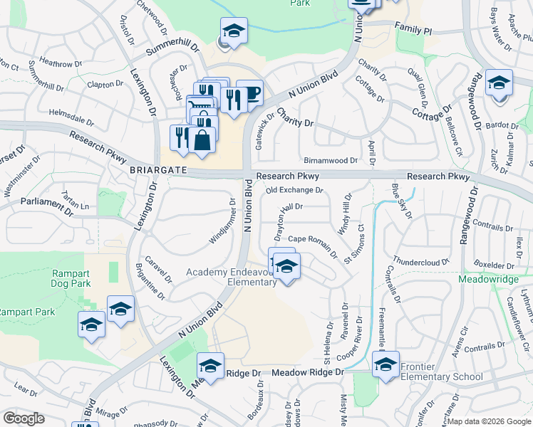 map of restaurants, bars, coffee shops, grocery stores, and more near 8145 Old Exchange Dr in Colorado Springs