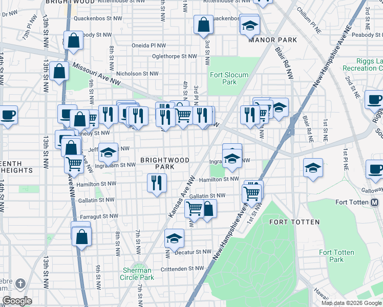map of restaurants, bars, coffee shops, grocery stores, and more near 5319 4th Street Northwest in Washington