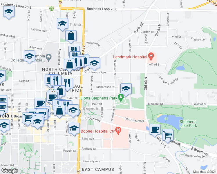 map of restaurants, bars, coffee shops, grocery stores, and more near Richardson Street in Columbia