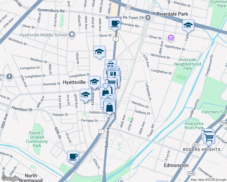 map of restaurants, bars, coffee shops, grocery stores, and more near 5331 Baltimore Avenue in Hyattsville