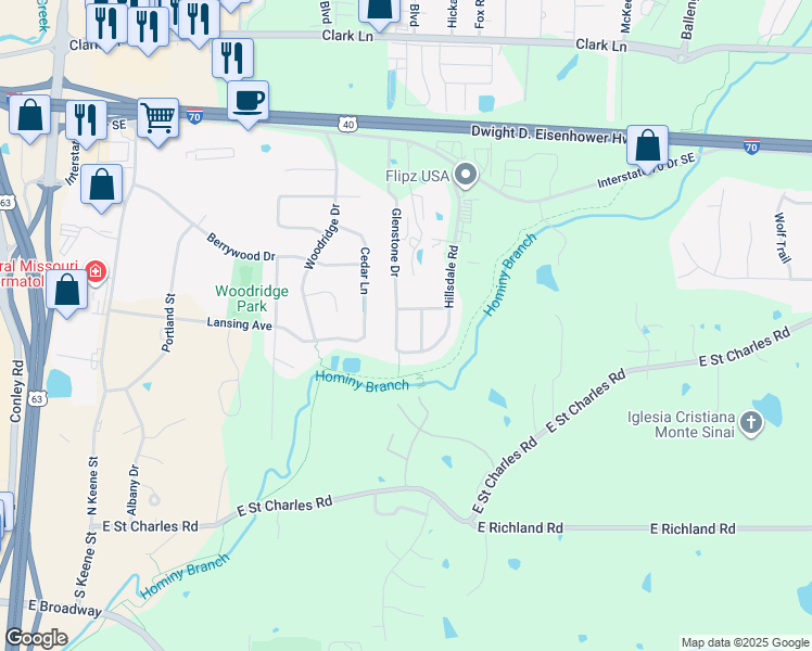 map of restaurants, bars, coffee shops, grocery stores, and more near 314 Glenstone Drive in Columbia