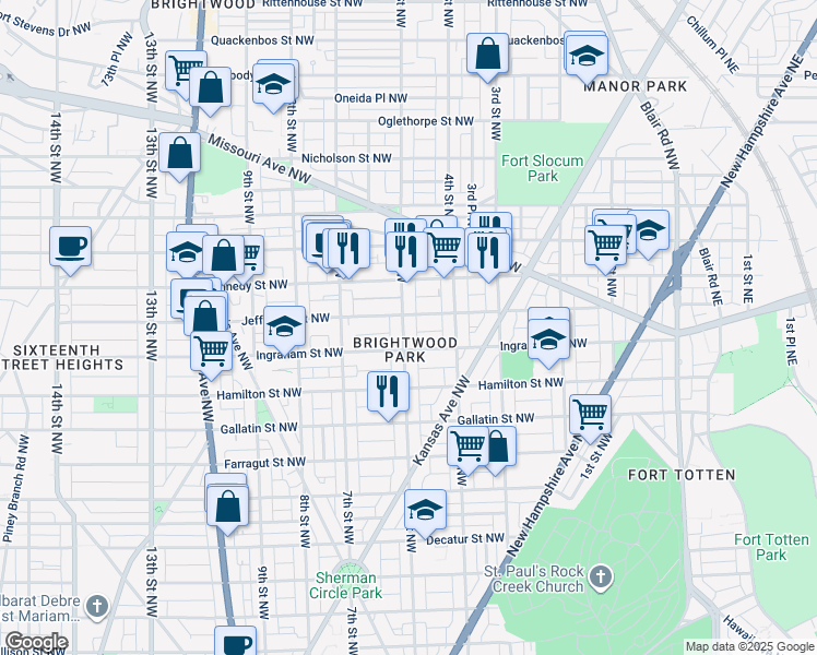 map of restaurants, bars, coffee shops, grocery stores, and more near 5325 5th Street Northwest in Washington