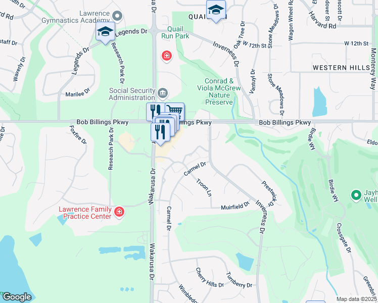 map of restaurants, bars, coffee shops, grocery stores, and more near 4716 Balmoral Drive in Lawrence