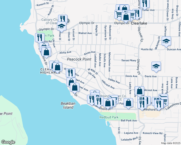 map of restaurants, bars, coffee shops, grocery stores, and more near 14560 Uhl Ave in Clearlake
