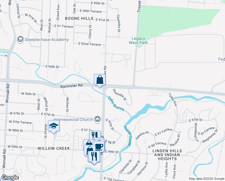 map of restaurants, bars, coffee shops, grocery stores, and more near 9504 Charlotte Street in Kansas City