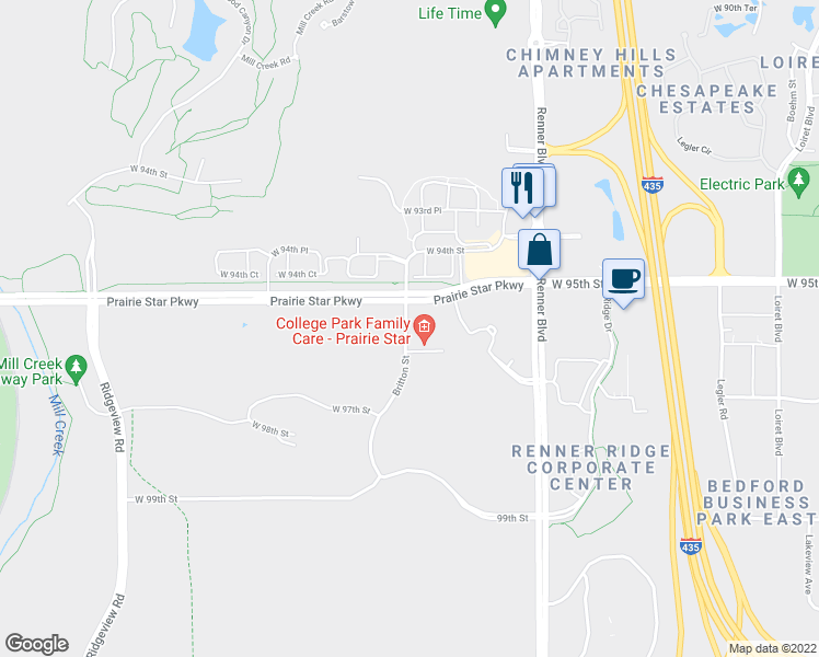 map of restaurants, bars, coffee shops, grocery stores, and more near Britton Street in Lenexa