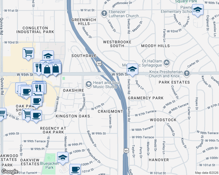 map of restaurants, bars, coffee shops, grocery stores, and more near 13 West 96th Street in Overland Park