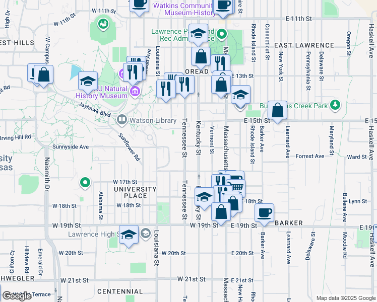 map of restaurants, bars, coffee shops, grocery stores, and more near 1605 Tennessee Street in Lawrence