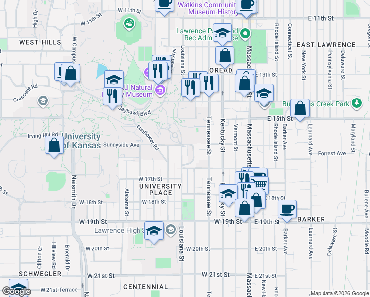 map of restaurants, bars, coffee shops, grocery stores, and more near 1601-1625 Edgehill Rd in Lawrence