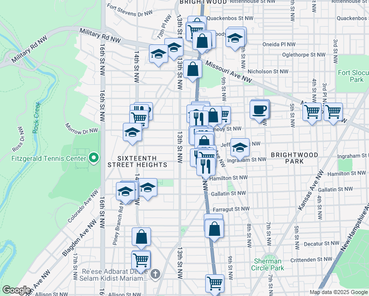 map of restaurants, bars, coffee shops, grocery stores, and more near 5325 13th Street Northwest in Washington