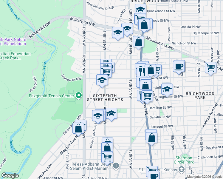 map of restaurants, bars, coffee shops, grocery stores, and more near 1394 Jefferson Street Northwest in Washington