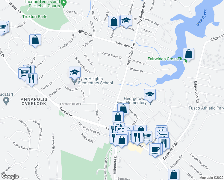 map of restaurants, bars, coffee shops, grocery stores, and more near 910 Berwick Drive in Annapolis