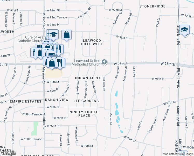 map of restaurants, bars, coffee shops, grocery stores, and more near 9543 Chadwick Drive in Leawood