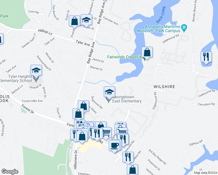 map of restaurants, bars, coffee shops, grocery stores, and more near 39 Windwhisper Lane in Annapolis