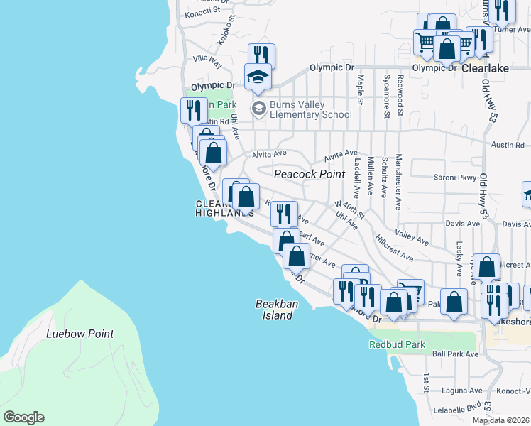 map of restaurants, bars, coffee shops, grocery stores, and more near 14320 Pearl Avenue in Clearlake