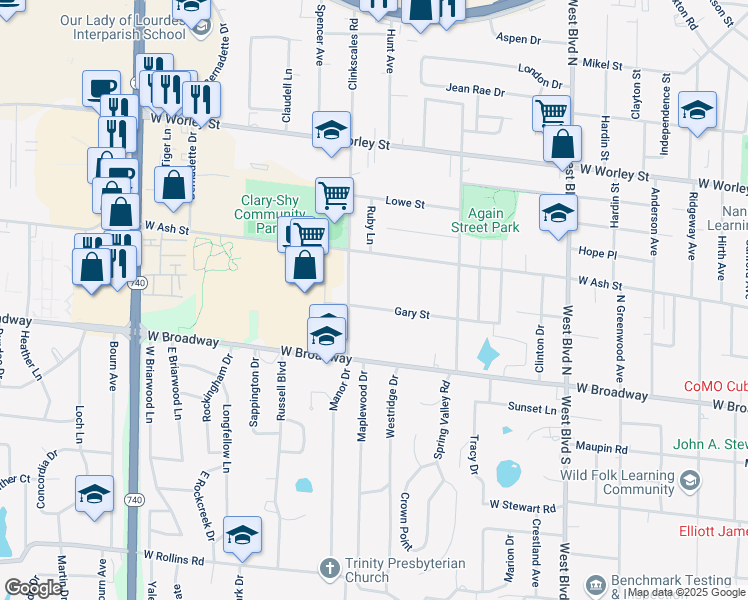 map of restaurants, bars, coffee shops, grocery stores, and more near 1507 Gary Street in Columbia