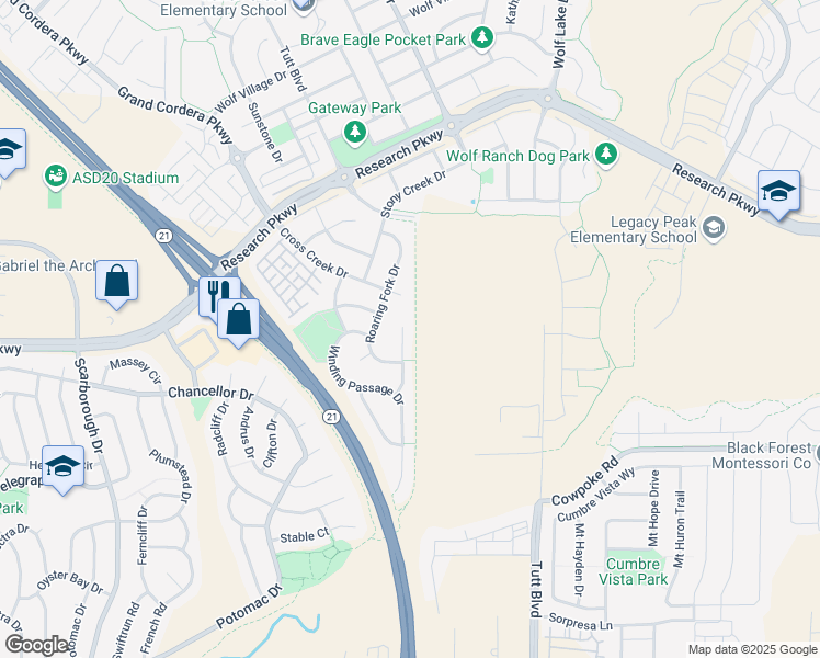 map of restaurants, bars, coffee shops, grocery stores, and more near 8571 Jacks Fork Drive in Colorado Springs