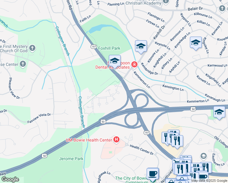 map of restaurants, bars, coffee shops, grocery stores, and more near 14908 London Lane in Bowie