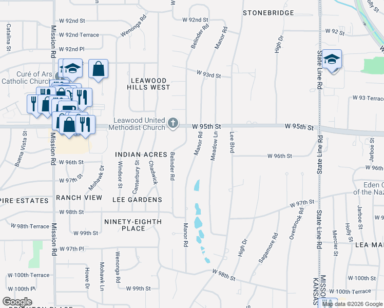 map of restaurants, bars, coffee shops, grocery stores, and more near 9536 Manor Road in Leawood