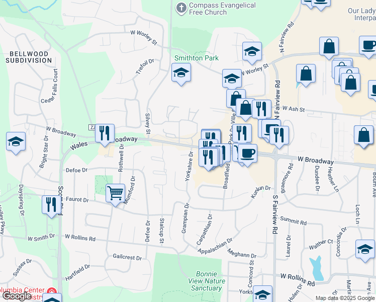 map of restaurants, bars, coffee shops, grocery stores, and more near 3505-3507 Berkshire in Columbia