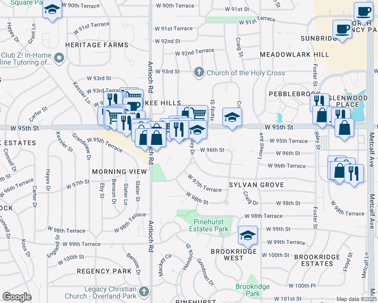 map of restaurants, bars, coffee shops, grocery stores, and more near 9602 Hadley Drive in Overland Park