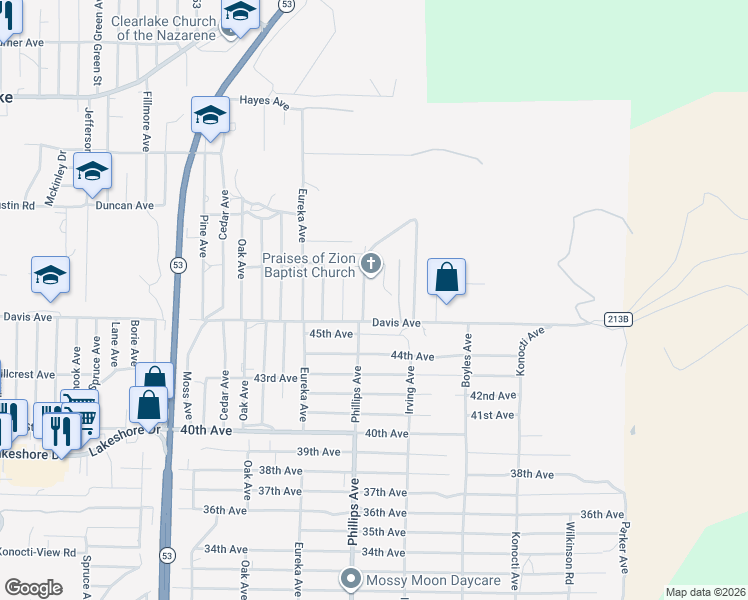 map of restaurants, bars, coffee shops, grocery stores, and more near 3960 Emile Avenue in Clearlake