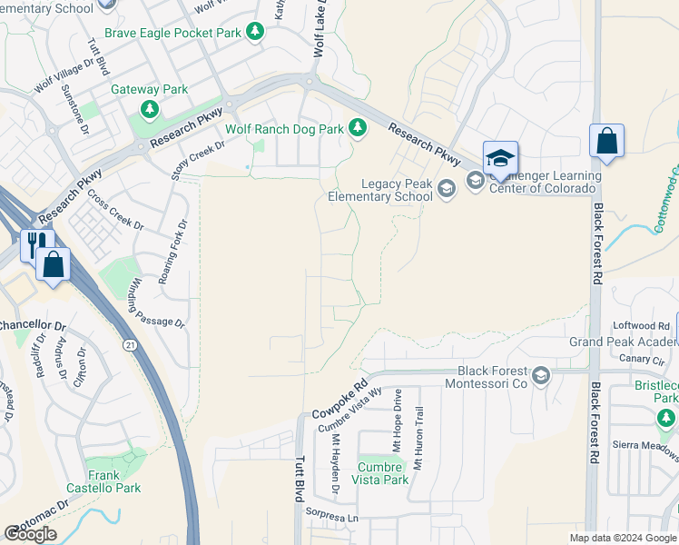 map of restaurants, bars, coffee shops, grocery stores, and more near 6047 Winnings Fork Way in Colorado Springs