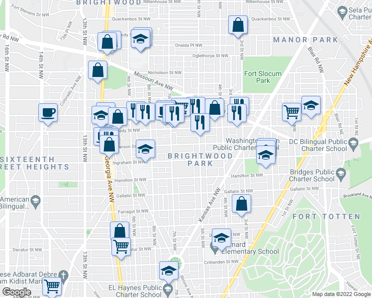map of restaurants, bars, coffee shops, grocery stores, and more near 608 Jefferson Street Northwest in Washington