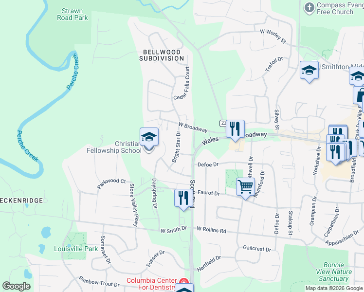 map of restaurants, bars, coffee shops, grocery stores, and more near 104 Bright Star Drive in Columbia