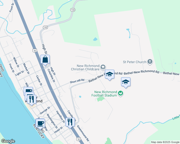 map of restaurants, bars, coffee shops, grocery stores, and more near 110 Lights Pointe Court in New Richmond