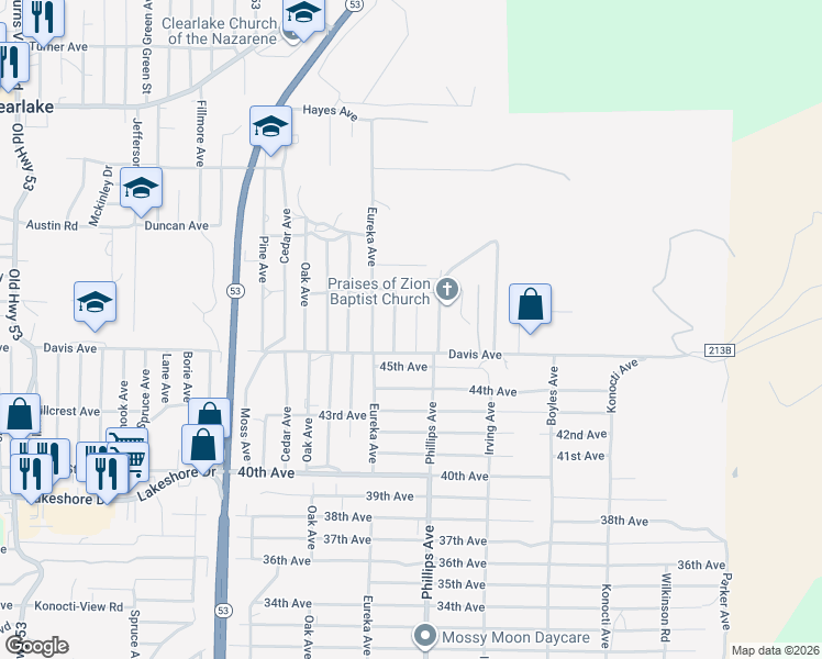 map of restaurants, bars, coffee shops, grocery stores, and more near 3965 Lenore Ave in Clearlake