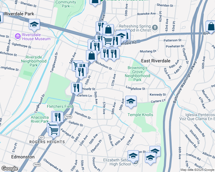 map of restaurants, bars, coffee shops, grocery stores, and more near 5407 56th Place in East Riverdale