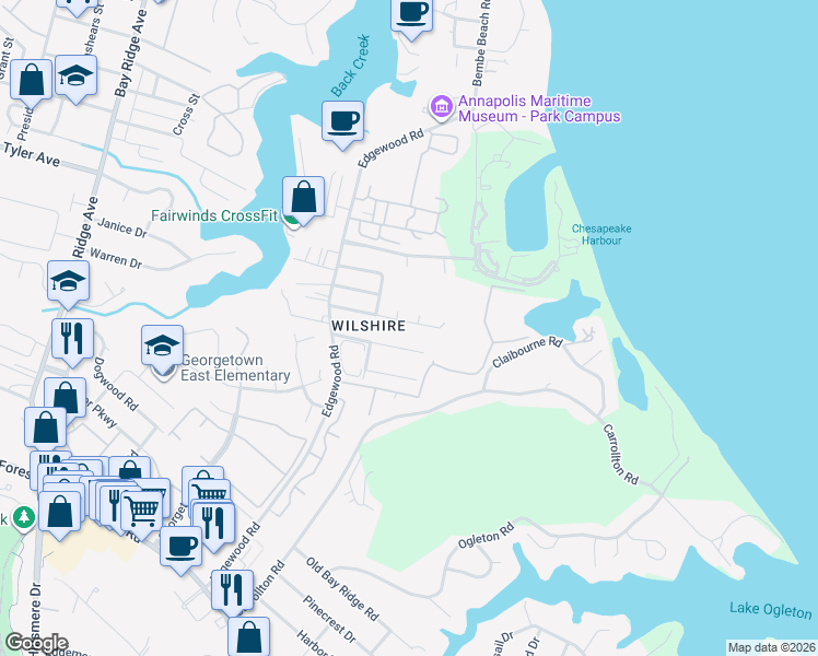 map of restaurants, bars, coffee shops, grocery stores, and more near 1026 Hyde Park Drive in Annapolis