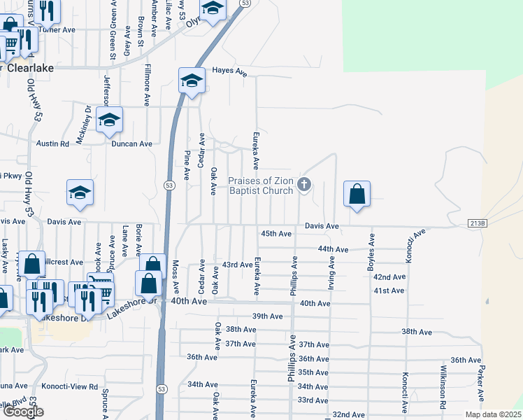 map of restaurants, bars, coffee shops, grocery stores, and more near 3975 Eureka Avenue in Clearlake