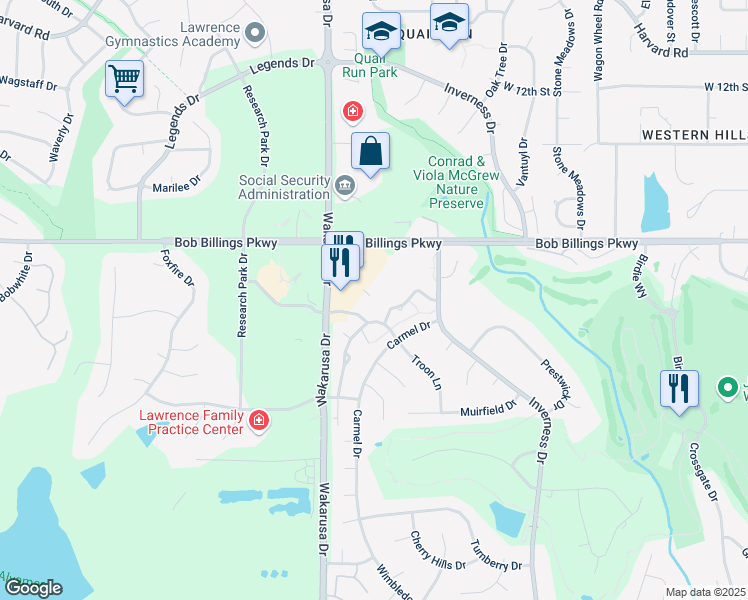 map of restaurants, bars, coffee shops, grocery stores, and more near 4720 Brandon Woods Terrace in Lawrence