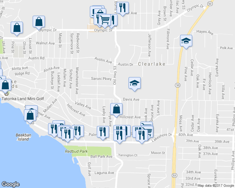 map of restaurants, bars, coffee shops, grocery stores, and more near 3960 Old Highway 53 in Clearlake