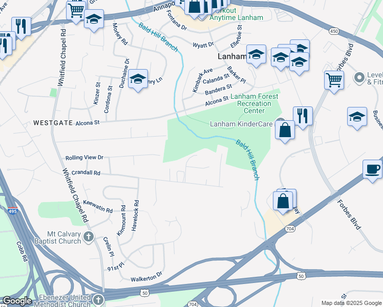 map of restaurants, bars, coffee shops, grocery stores, and more near 4706 Cooks Hill Road in Lanham