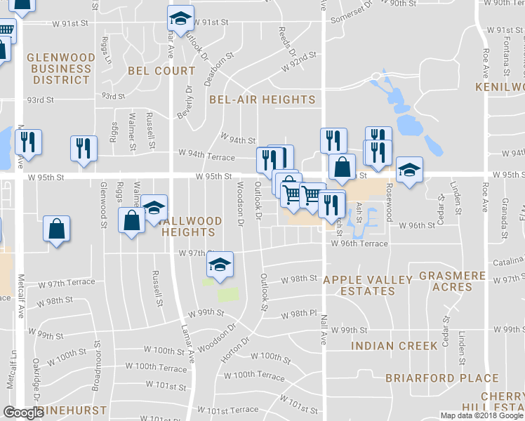 map of restaurants, bars, coffee shops, grocery stores, and more near 9587 Outlook Drive in Overland Park