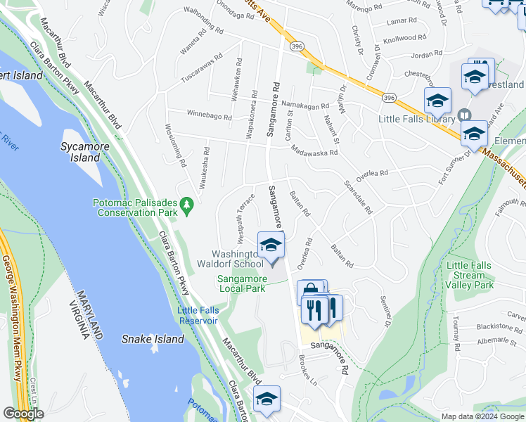 map of restaurants, bars, coffee shops, grocery stores, and more near 5015 Wyandot Court in Bethesda