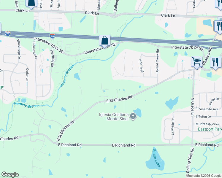 map of restaurants, bars, coffee shops, grocery stores, and more near 4515 Saint Charles Road in Columbia